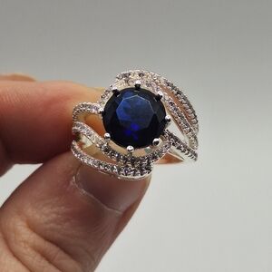 Blue Crystal Swirl Halo Ring | Made with Swarovski Crystal | Size 7